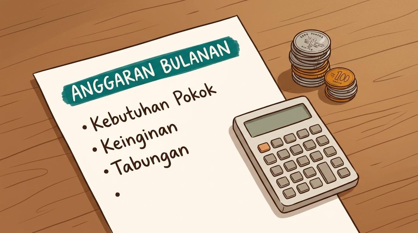 Ilustrasi anggaran bulanan pemula dengan kategori kebutuhan pokok dan keinginan pada kertas catatan beralas warm white dengan aksen teal.