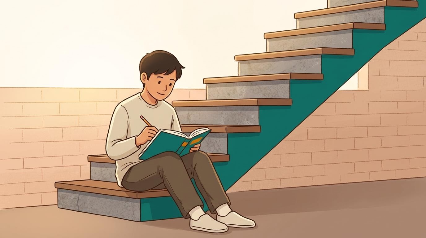 Ilustrasi pembaca pemula yang membuka buku catatan keuangan dengan latar warm white dan aksen teal pada lantai dasar tangga.