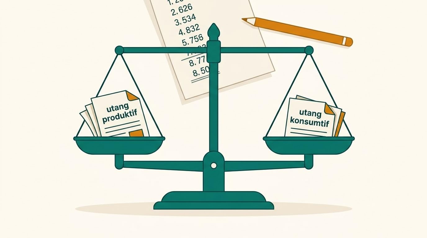 Ilustrasi dua timbangan yang menyeimbangkan utang produktif dan utang konsumtif pada latar warm white dan teal dengan kalkulator serta kertas daftar pembayaran.