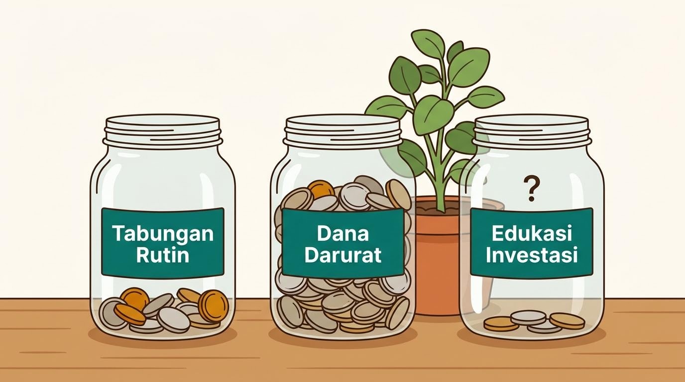Ilustrasi tiga lapisan tabungan pada toples kaca dengan lapisan terpisah untuk tabungan rutin, dana darurat, dan edukasi investasi pada latar warm white dan teal.
