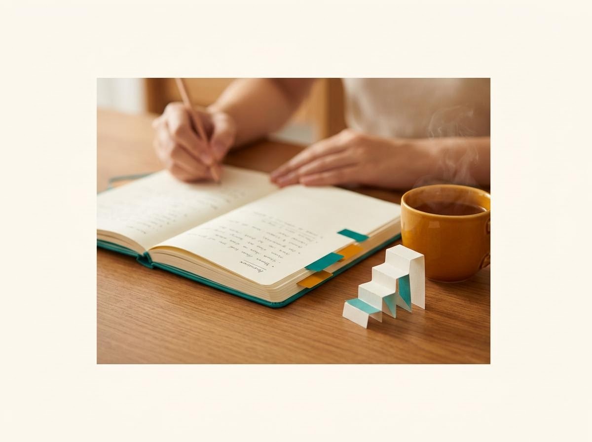 Ilustrasi ruang baca akademi pembelajaran keuangan dengan buku dan tangga pada latar warm white dan teal.